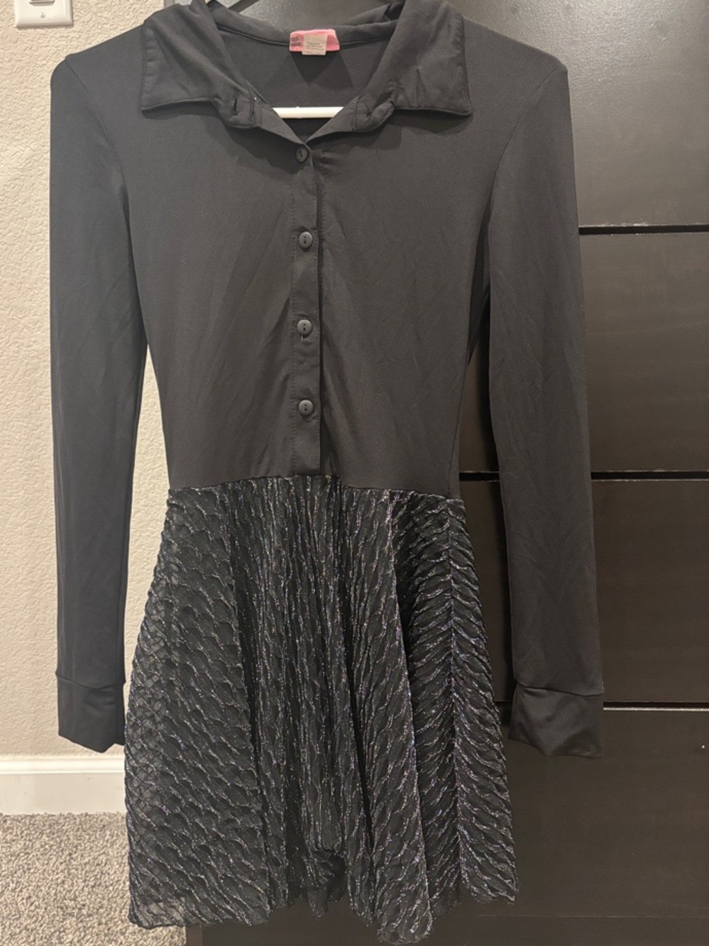 Elegant Moments Black Long Sleeve Button-Up Dress with Textured Metallic Skirt